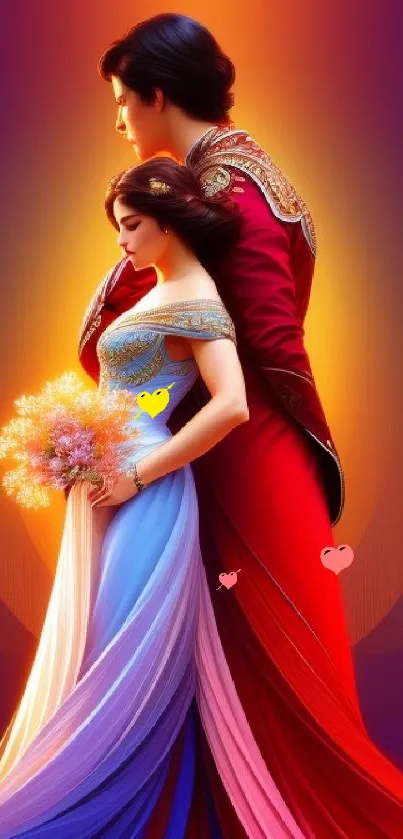 Romantic couple in vibrant fantasy colors with flowing gowns on mobile wallpaper.