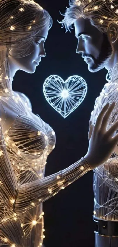 Couple in glowing design with heart, creating a romantic mobile wallpaper.