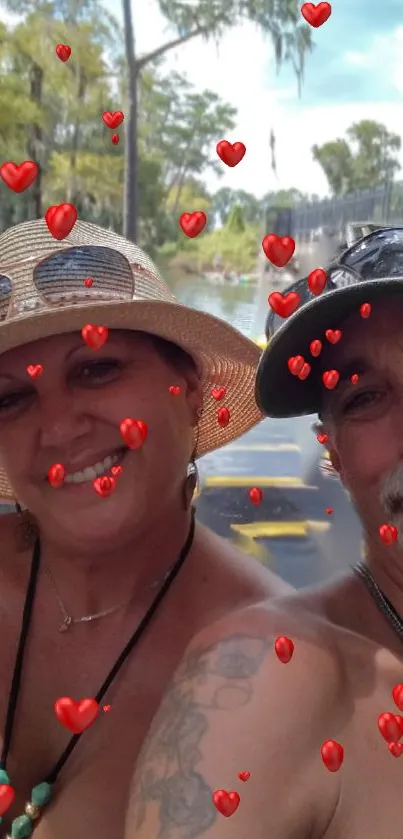 Couple with floating hearts wallpaper backdrop.