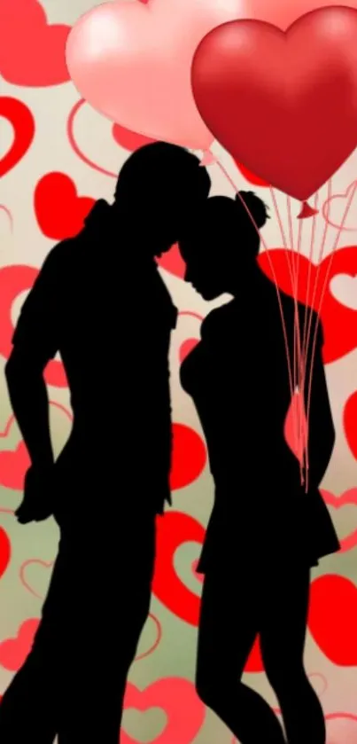 Silhouette of a couple with heart balloons on a romantic background.