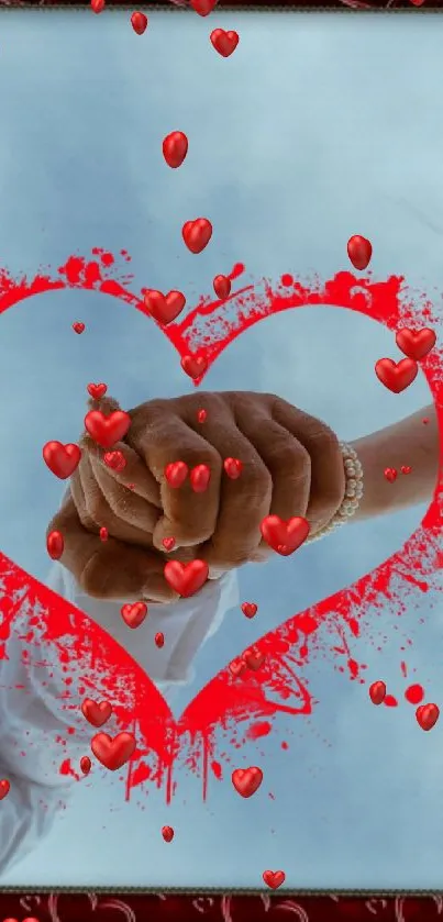 Romantic couple holding hands with red heart overlay.