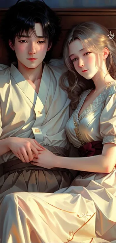 Romantic couple illustration featuring a serene, intimate moment in soft lighting.