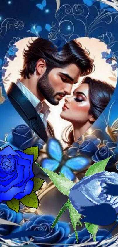 Dreamy couple with blue roses and butterflies in a romantic fantasy scene.