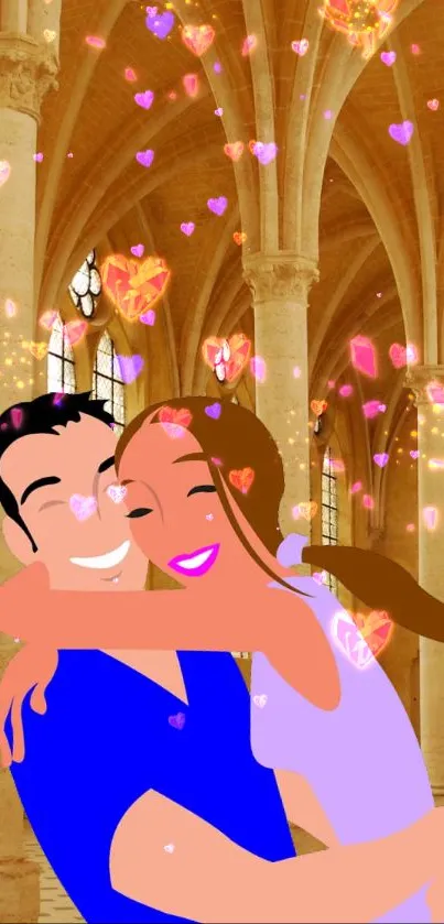 Romantic couple embracing in a cathedral with heart overlays.