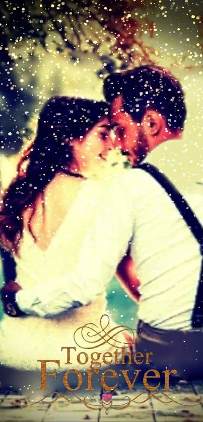 Romantic couple embracing under a star-filled sky.