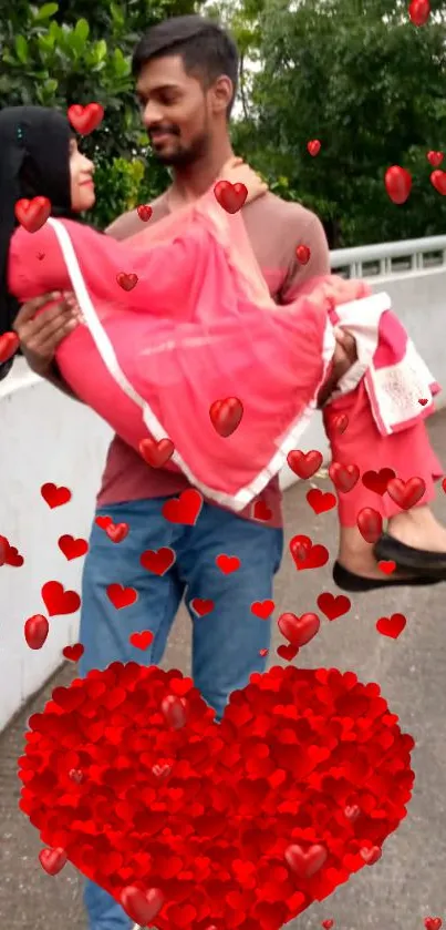 Couple embracing surrounded by red hearts.