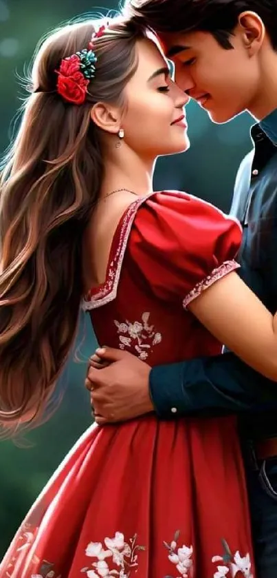 Anime-style couple embracing under falling petals.