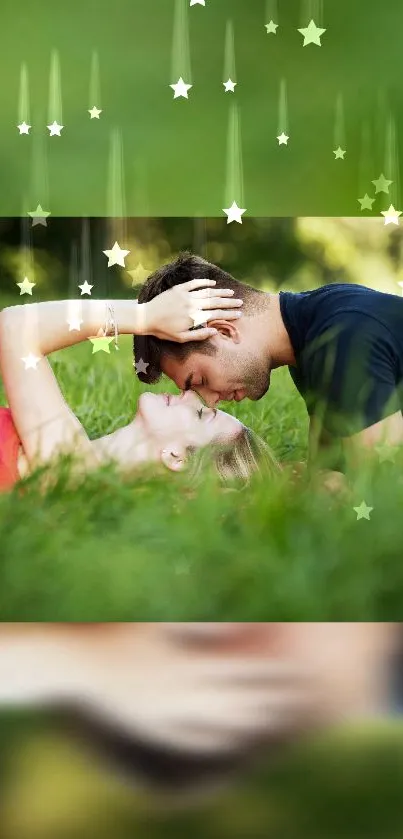 Romantic couple on grass with green and starry background.