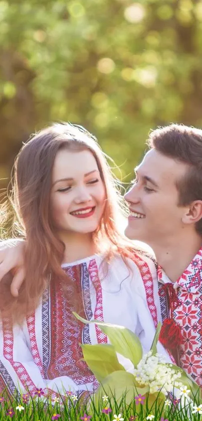 Smiling couple in traditional attire enjoying nature.