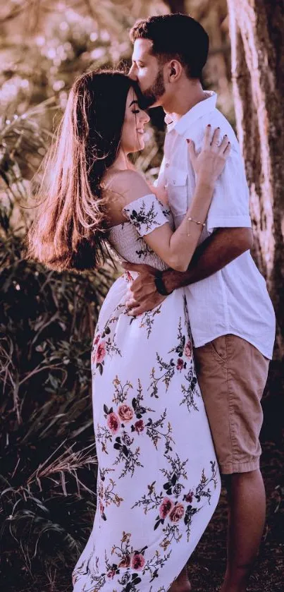 A couple embracing in a serene natural setting.