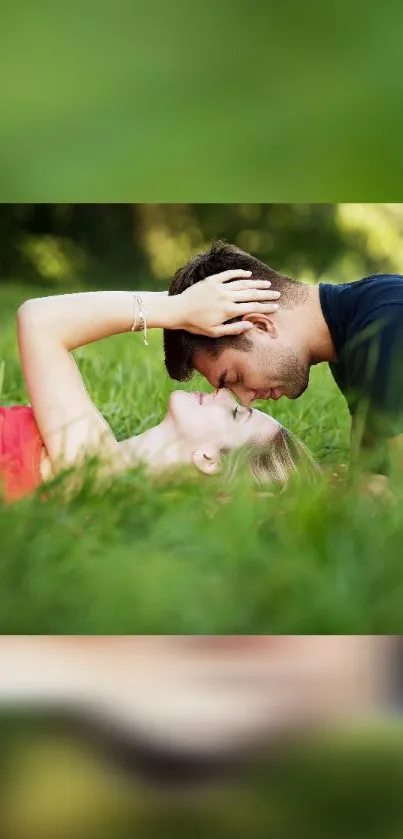 Romantic couple lying on grass in a serene natural setting.