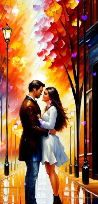 A couple embracing in a vibrant, artistically rendered autumn street scene.