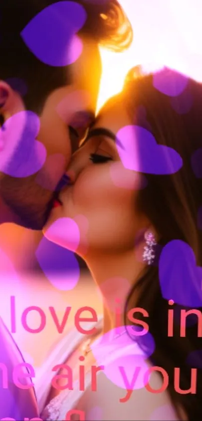 Romantic couple kissing with purple hearts overlay.