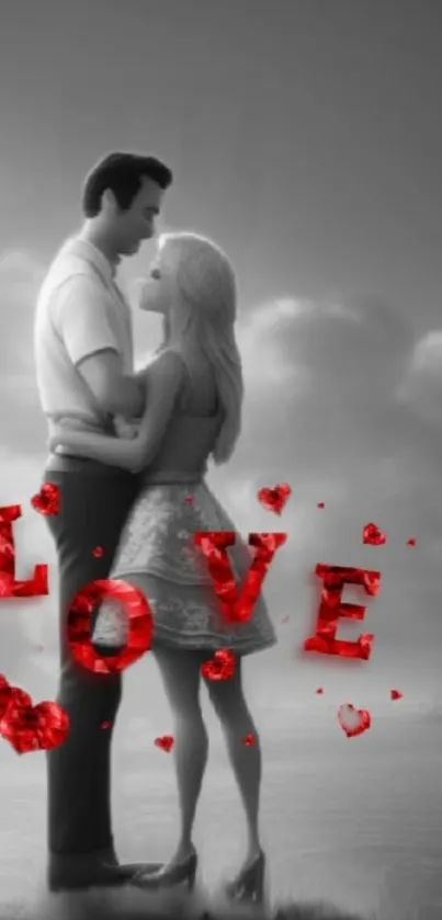 Romantic grayscale couple with red love letters.