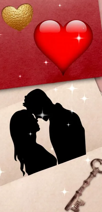 Romantic wallpaper with hearts, a couple silhouette, and a vintage key.