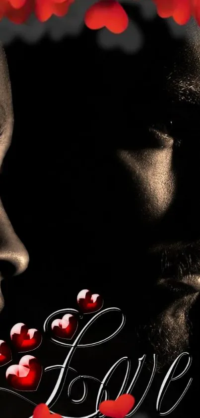 Romantic couple silhouette with red hearts and the word “Love” in a dark theme.