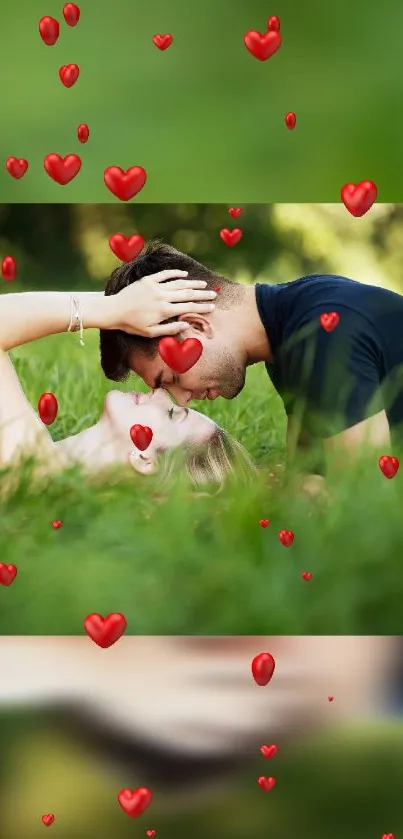 Romantic couple kissing amidst red hearts on a green field background.