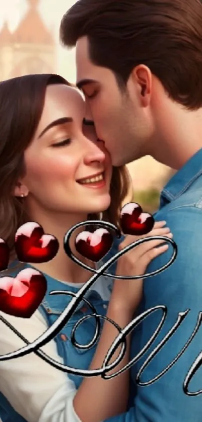 Romantic illustration of a couple with hearts and love text.