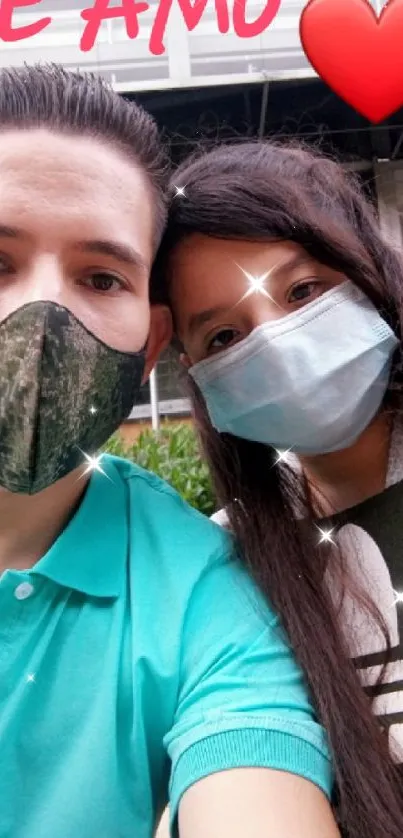 Romantic couple with face masks and a heart symbol, expressing 'Te Amo' love.