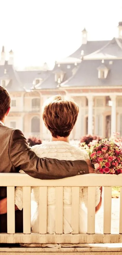 Couple seated on bench facing a grand mansion.