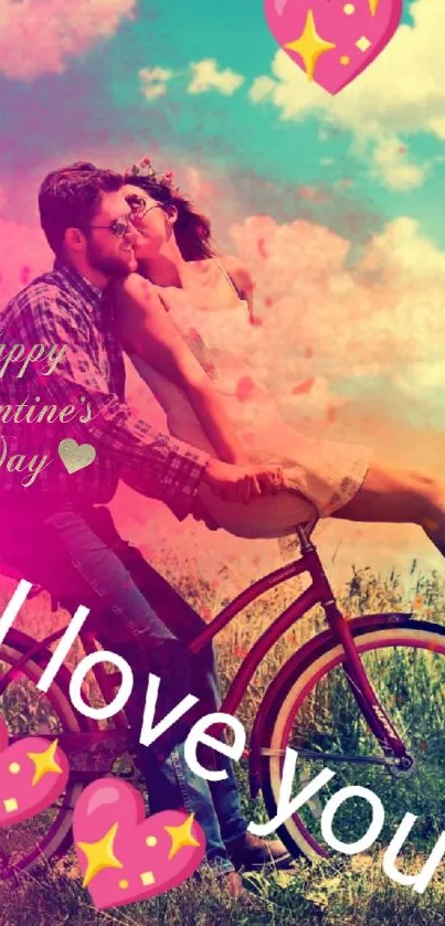 Couple on a bicycle in romantic pink hues, celebrating love.