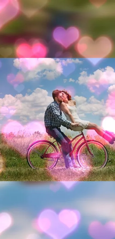 Romantic couple on bicycle with pink hearts under a blue sky.