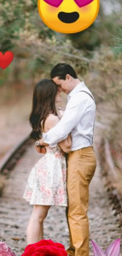 Romantic couple on a railroad track embracing.