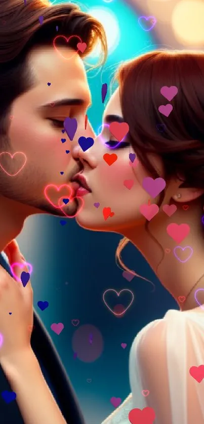 A romantic couple shares a tender kiss in an artful mobile wallpaper design.