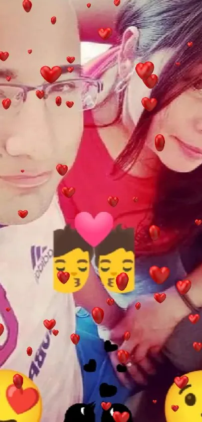 Romantic couple selfie with love emojis and red themes.