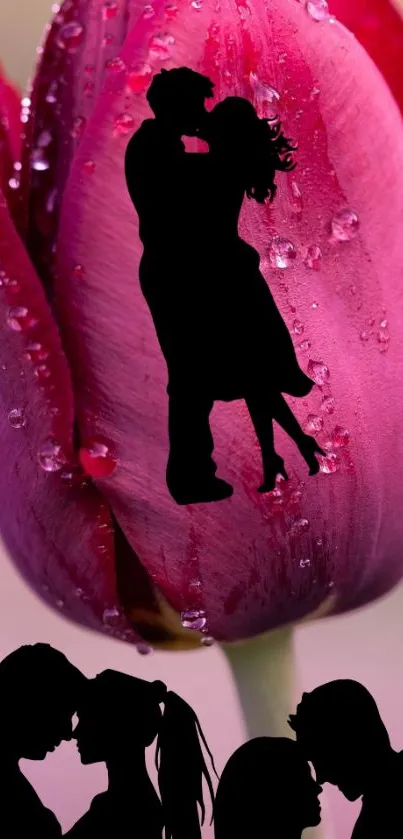 Romantic couple silhouette on a purple tulip background.