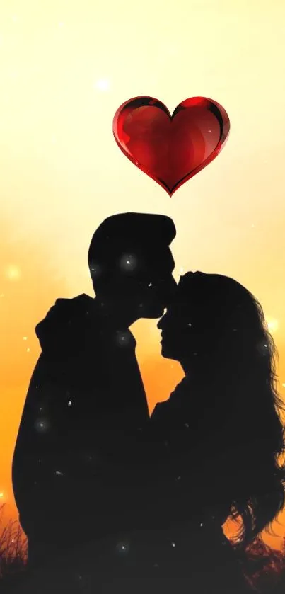 Romantic silhouette of couple with heart on orange background.