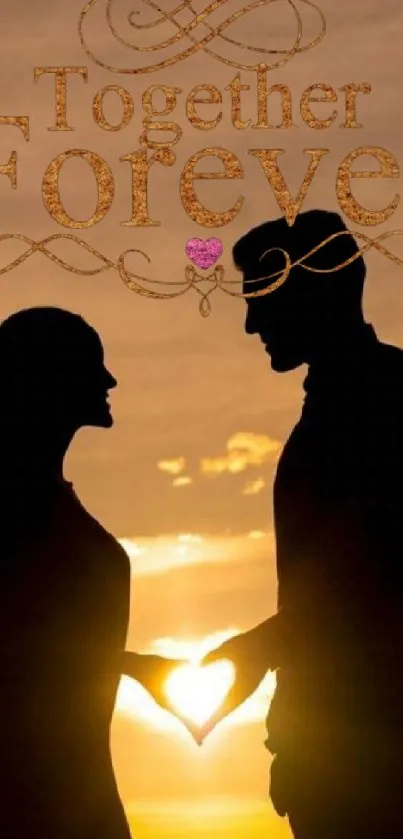 Silhouette of a couple in love at sunset, with 'Together Forever' text.