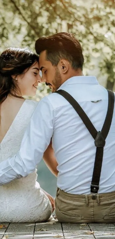 Romantic couple in a sunlit forest setting