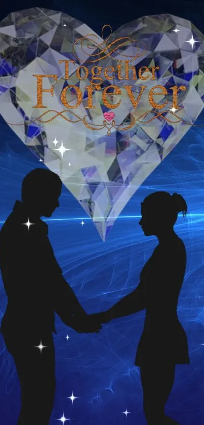 Silhouette couple holding hands under diamond heart with blue starry background.