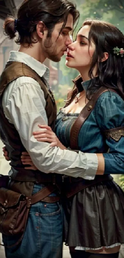 Romantic couple in steampunk attire sharing an intimate moment.