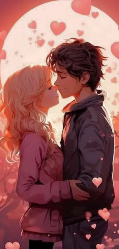 Romantic couple embraces under glowing moon with hearts floating around.