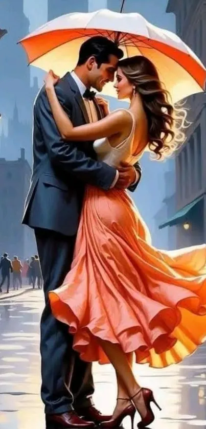 Romantic couple embracing under an umbrella on a rainy street.