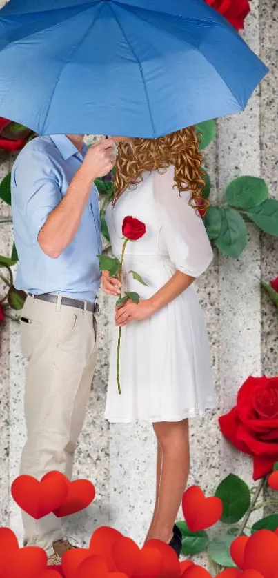 Romantic couple under blue umbrella with red roses background.