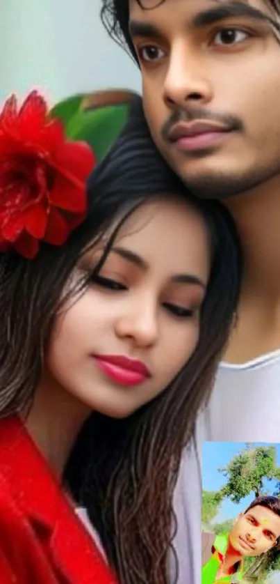 Romantic couple with flower in vibrant colors.