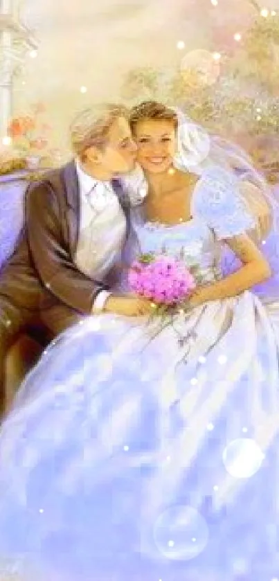 Elegant wedding couple in romantic art wallpaper.