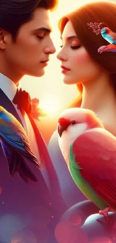 Romantic couple with colorful birds and vibrant orange hues.