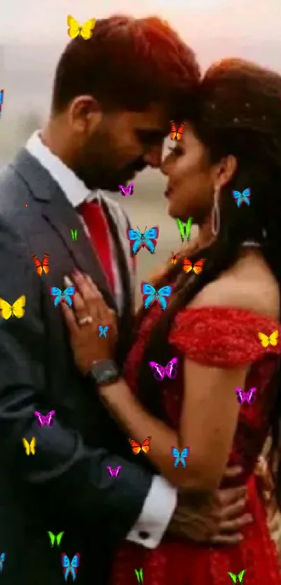 Romantic couple embracing with butterflies.