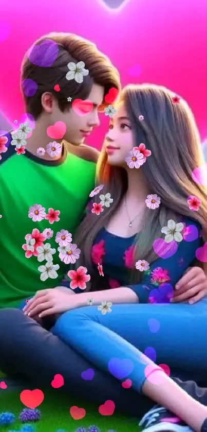 Romantic couple with pink heart and flowers wallpaper.