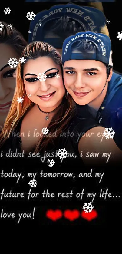 Romantic couple with love quote on mobile wallpaper.