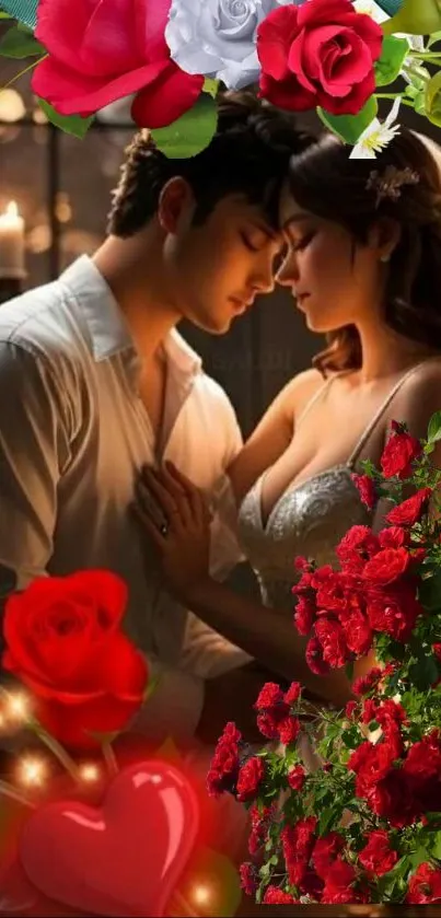 Romantic couple embraced among red roses and glowing candlelight.