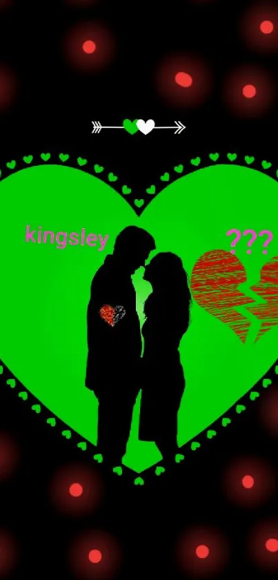 Couple silhouette with heart design on green background.