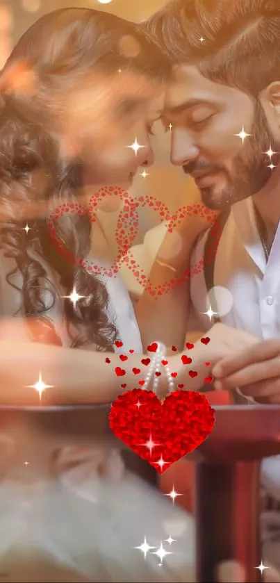 Romantic couple with glowing hearts wallpaper.
