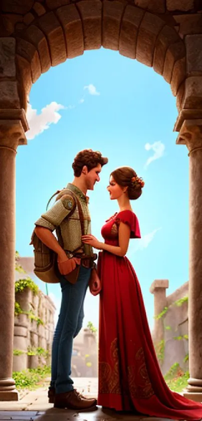 Romantic couple standing under an archway with a vivid blue sky.