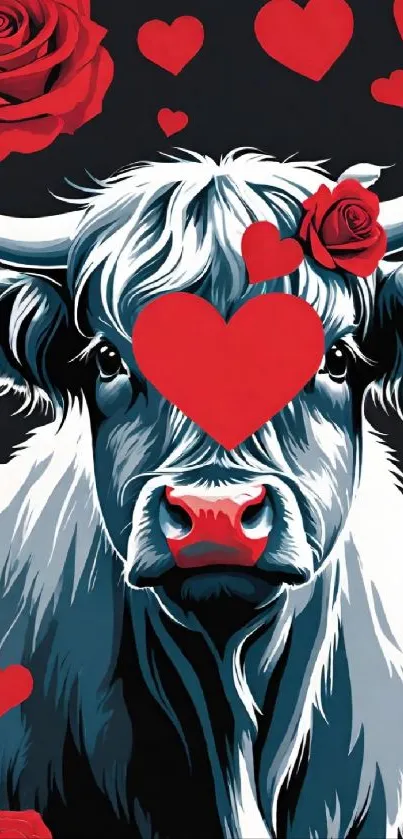 Stylized cow with red hearts and roses on dark background.