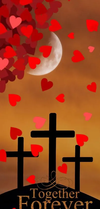 Romantic wallpaper with crosses and red hearts against a cloudy, moonlit sky.